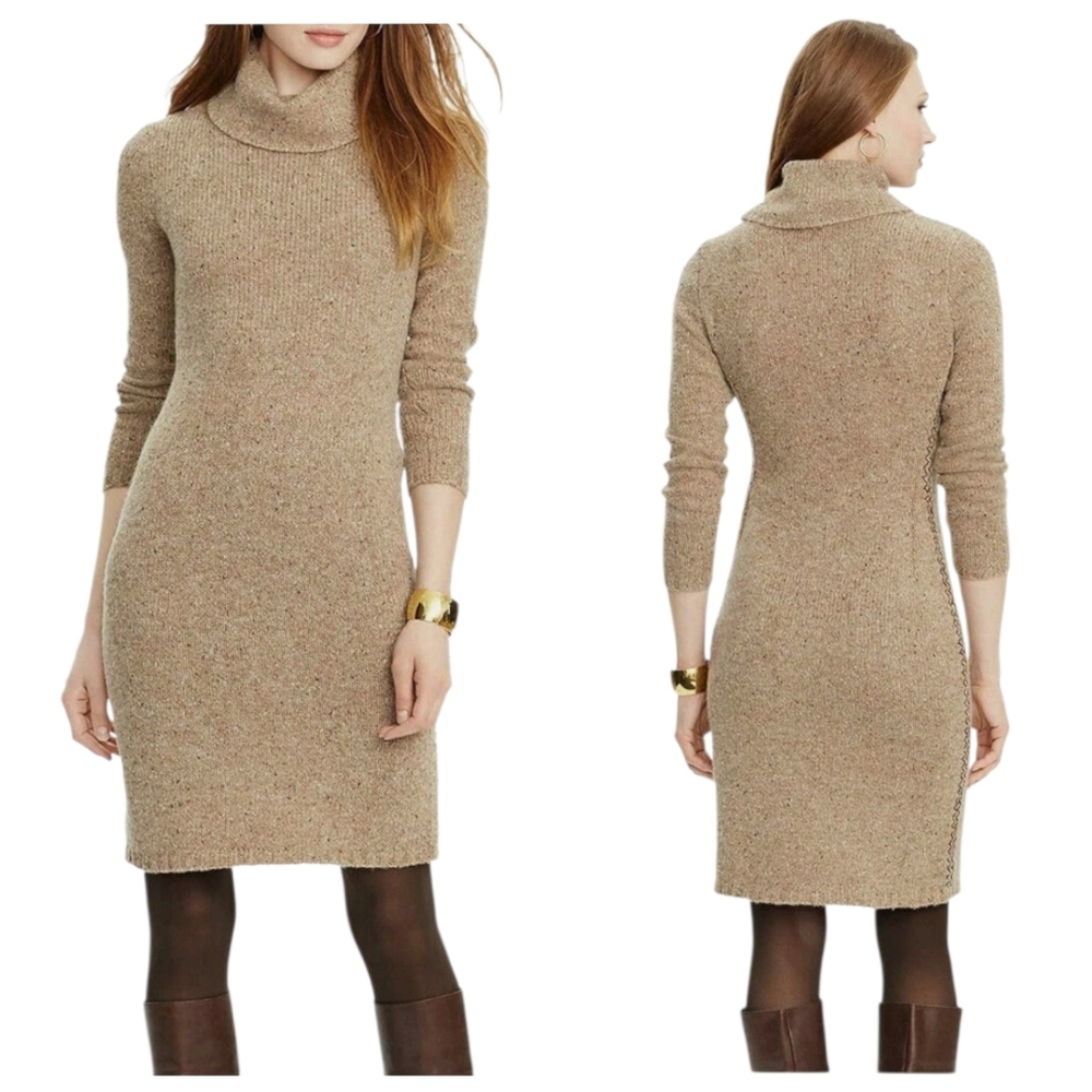 Lauren Ralph Lauren Knit Sweater Dress Brown Donegal Tweed Wool Blend Women’s L